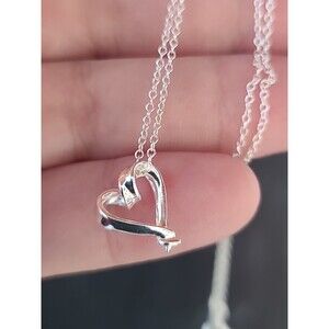 925 Sterling Silver Ribbon Open Heart Shaped Pendant Necklace Adjustable